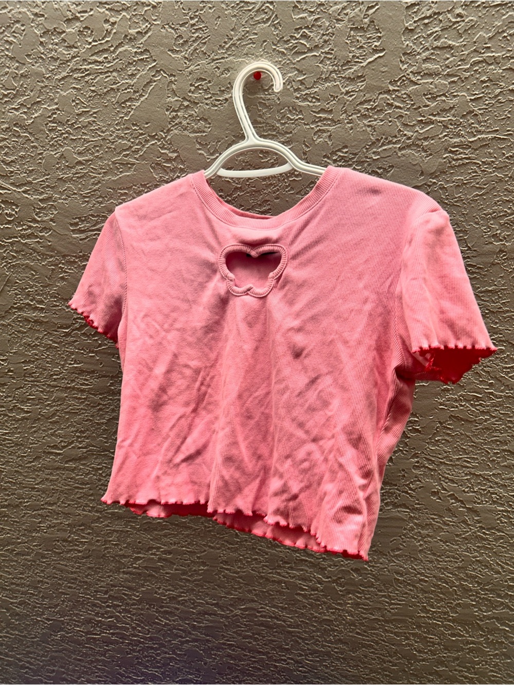 Girls' Pink Heart-Cutout Ribbed Short Sleeve Tee